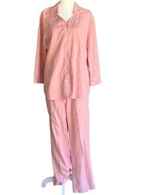 Orvis Pink 100% Linen Pantsuit with button shirt 3/4 sleeved size Medium (10/12)
